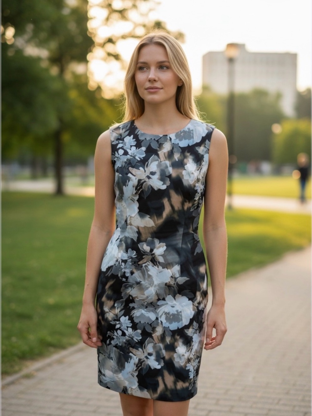 Calvin Klein Black and Gray Floral Midi Dress